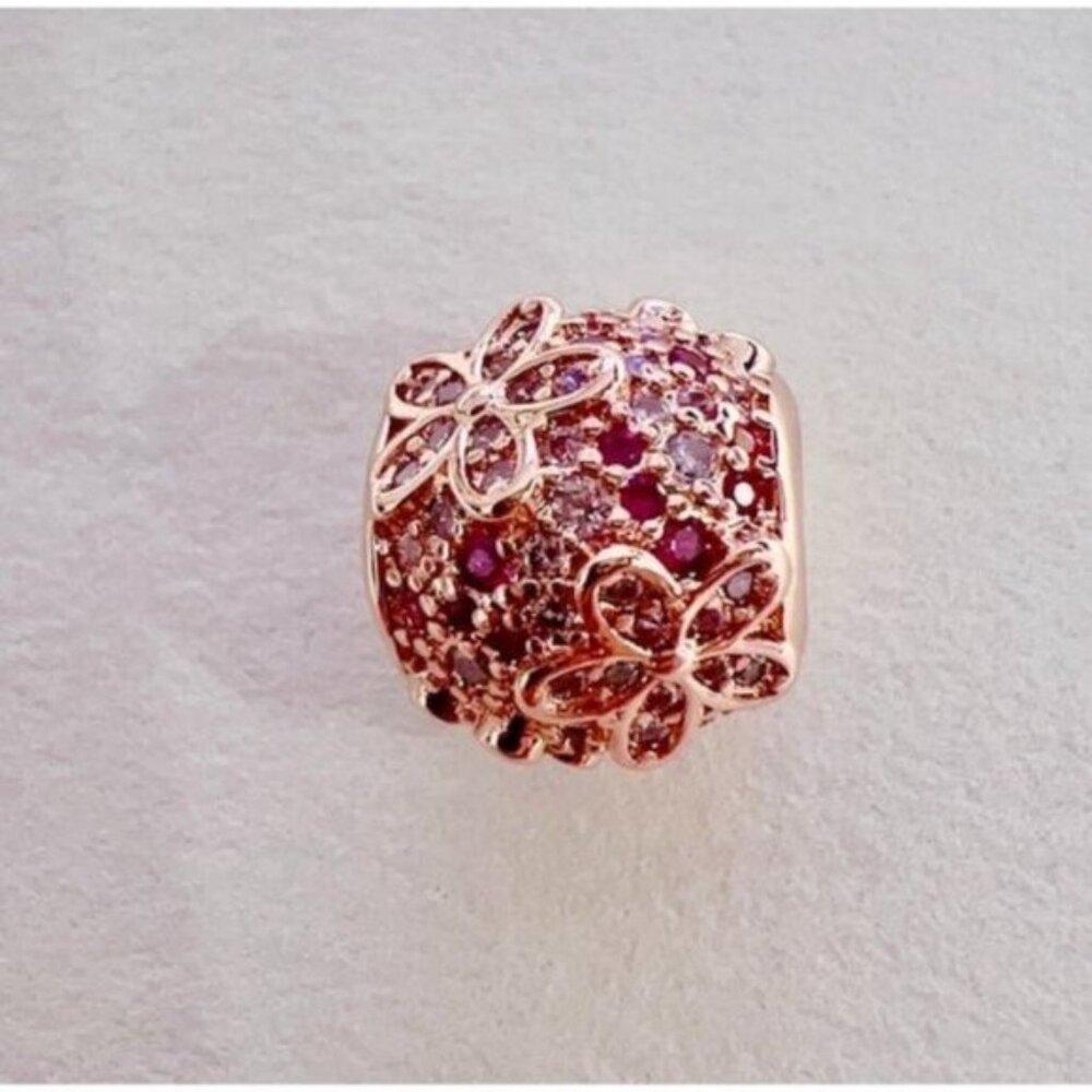 Pink Pavé Daisy Flower Charm - 14k rose gold - Fits Pandora Charm Bracelets - Picture 2 of 11